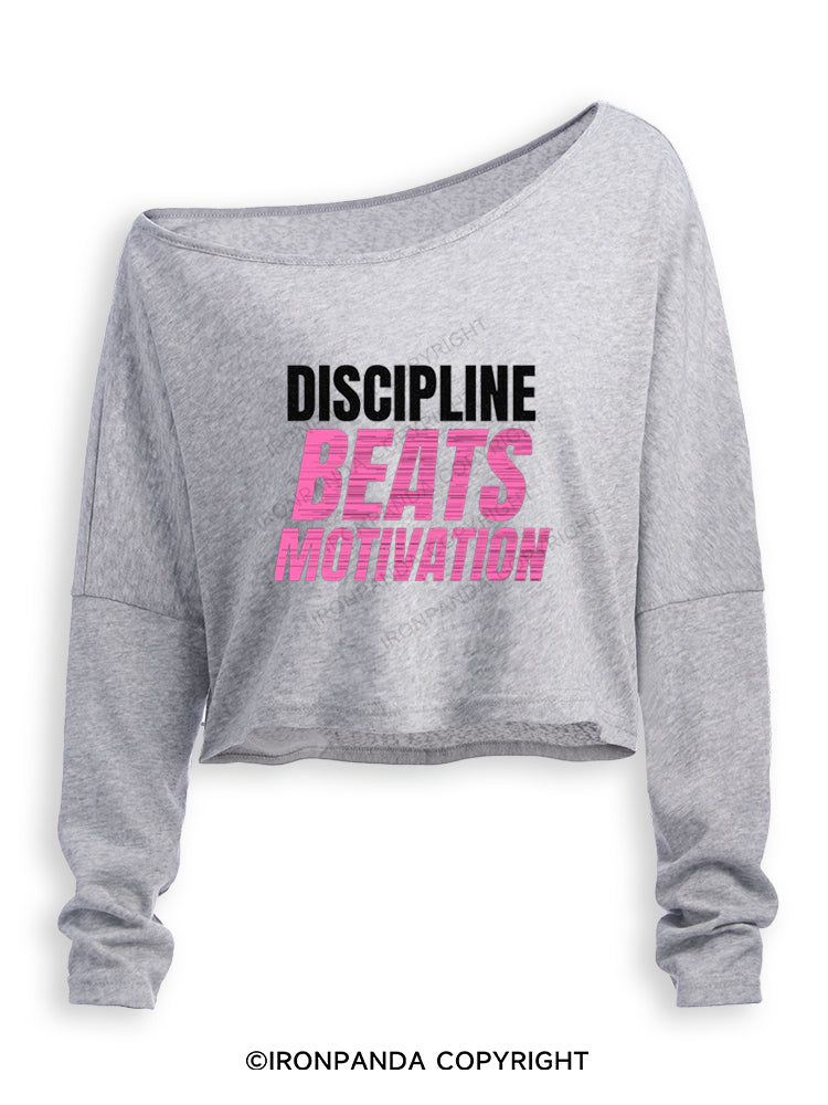 DISCIPLINE BEATS MOTIVATION Off Shoulder Long Sleeve Crop Top