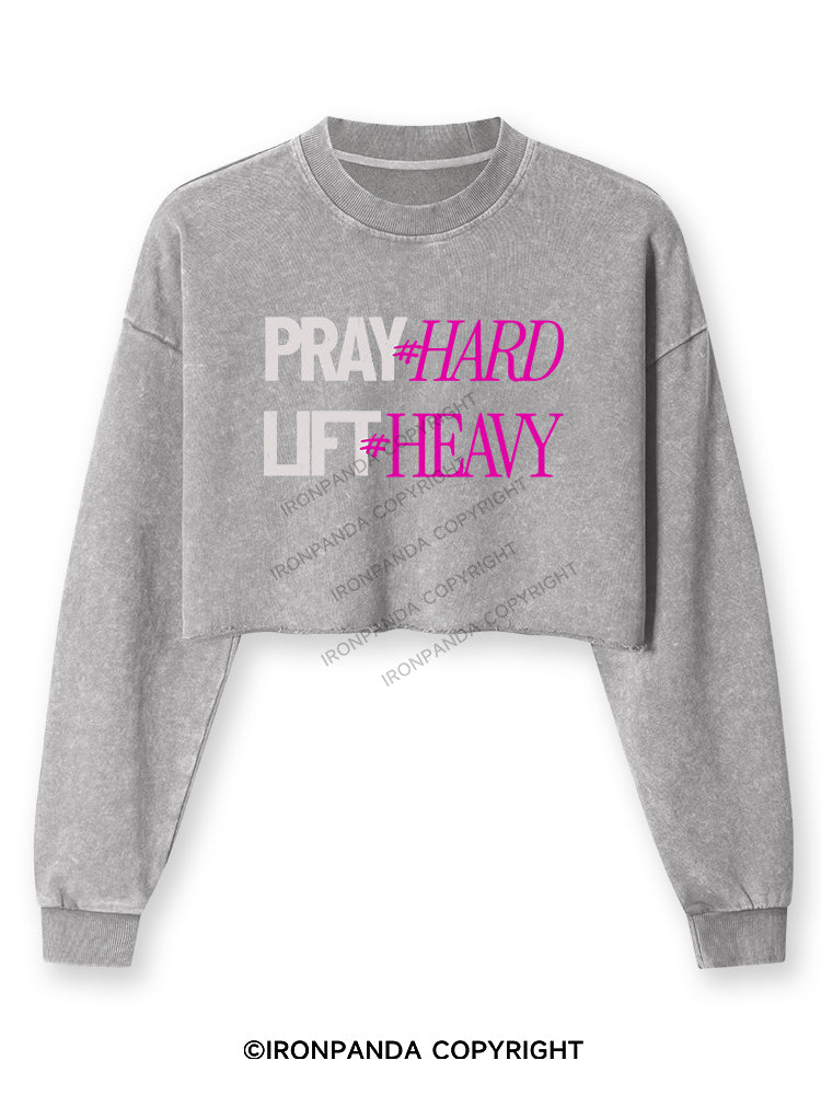 PRAY HARD # LIFT HEAVY GYM Washed Long-Sleeve Crop Top