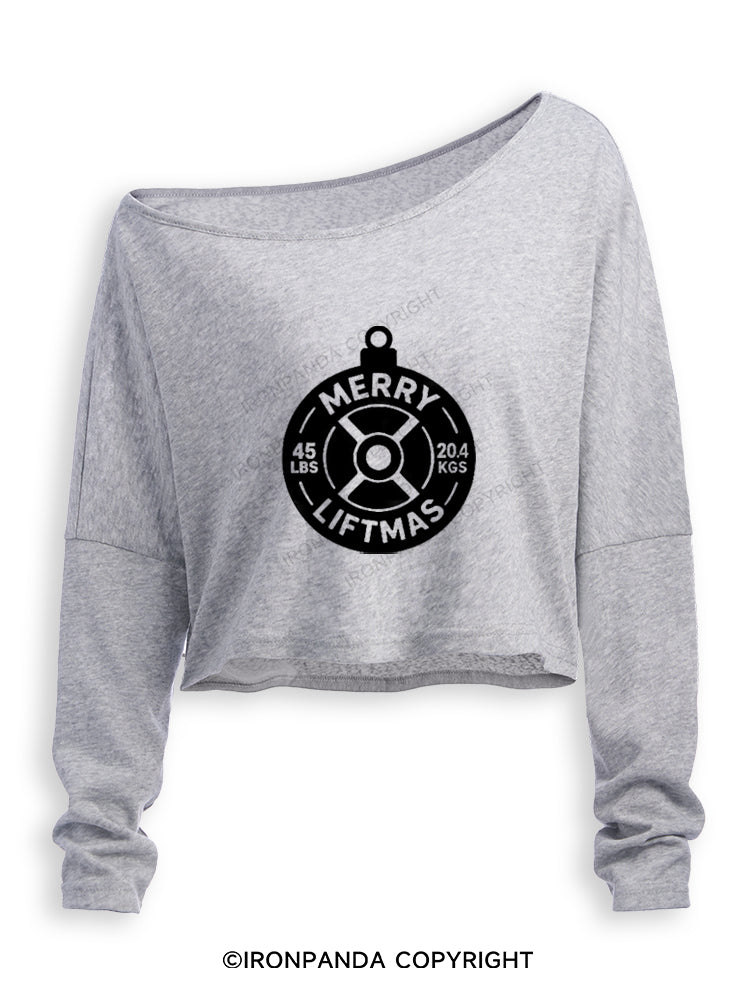 MERRY LIFTMAS WEIGHT PLATE ORNAMENT Off Shoulder Long Sleeve Crop Top