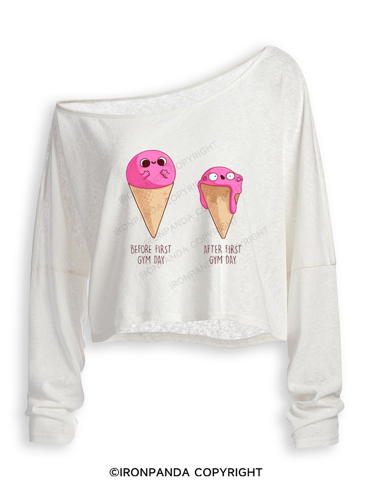 BEFORE AND AFTER FIRST GYM DAY FUNNY ICE CREAM Off Shoulder Long Sleeve Crop Top
