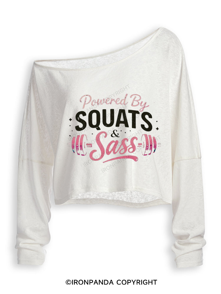 Powered By Squats and Sass Off Shoulder Long Sleeve Crop Top