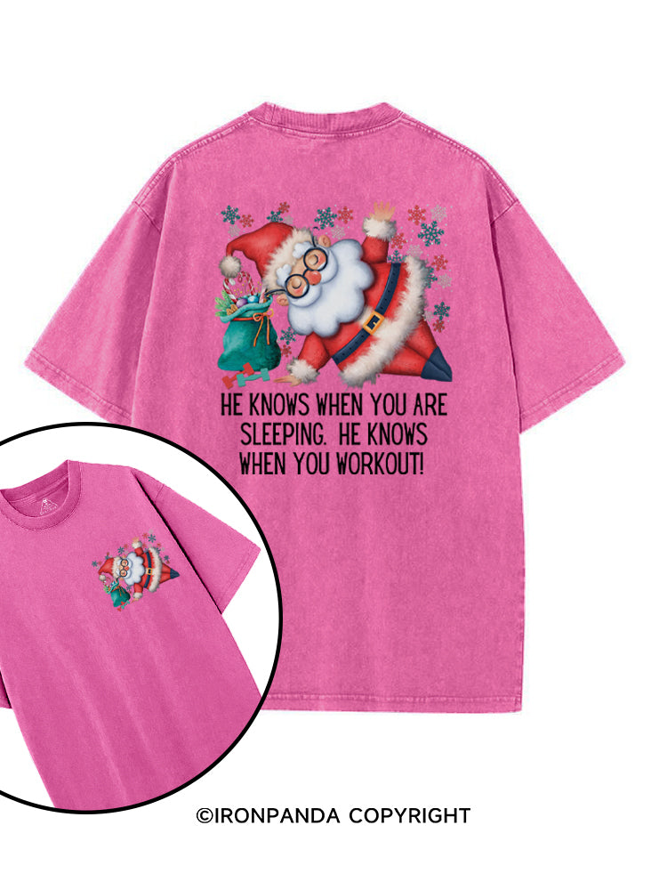 Funny Christmas Santa Knows When You Workout printed Gym Shirt