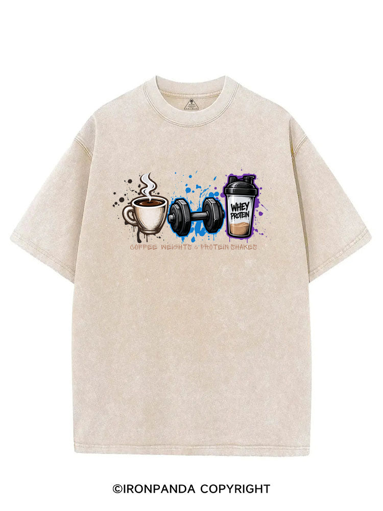 COFFEE WEIGHTS & PROTEIN SHAKES FUNNY GYM VINTAGE GYM SHIRT