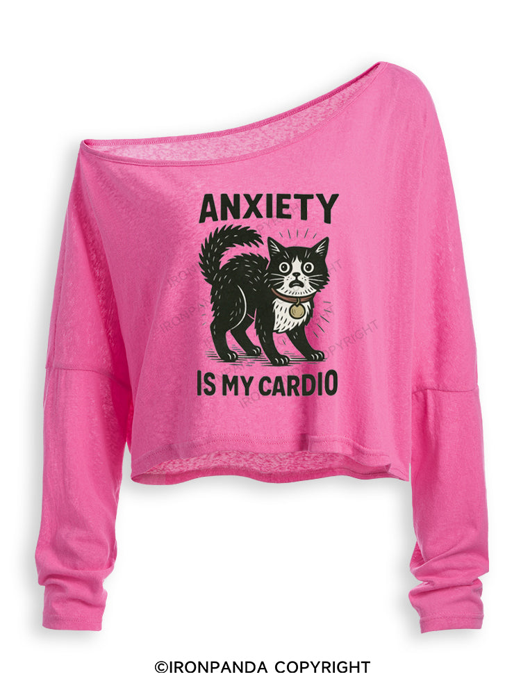 ANXIETY IS MY CARDIO CUTE KITTY Off Shoulder Long Sleeve Crop Top