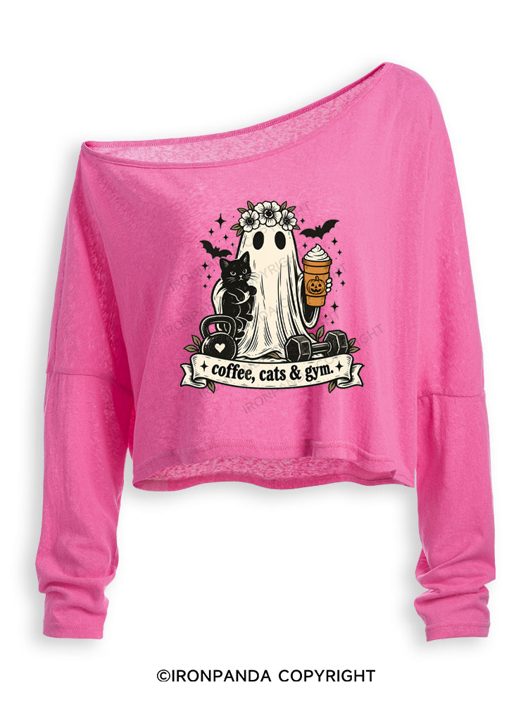 COFFEE, CATS & GYM HAPPY HALLOWEEN Off Shoulder Long Sleeve Crop Top