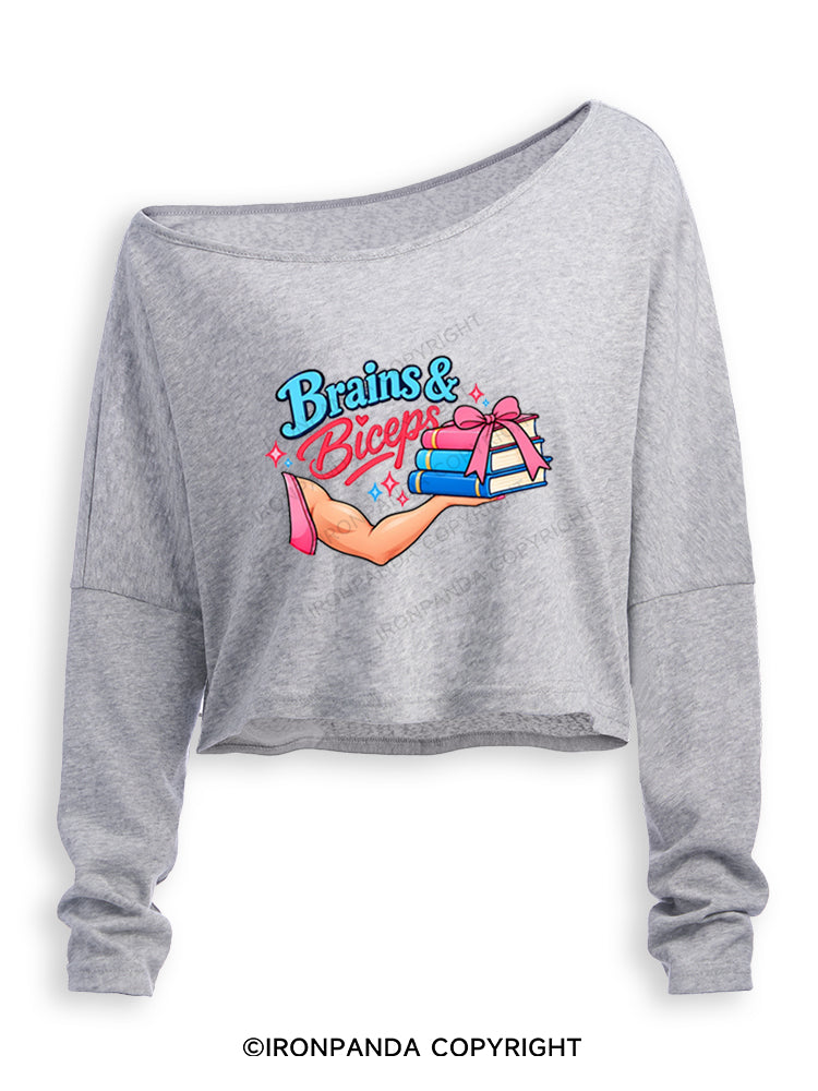 BRAINS & BICEPS Off Shoulder Long Sleeve Crop Top