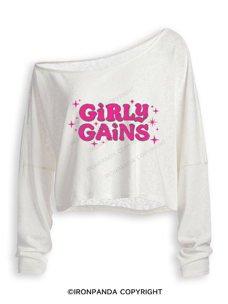 GIRLY GAINS STRONG GIRLS Off Shoulder Long Sleeve Crop Top