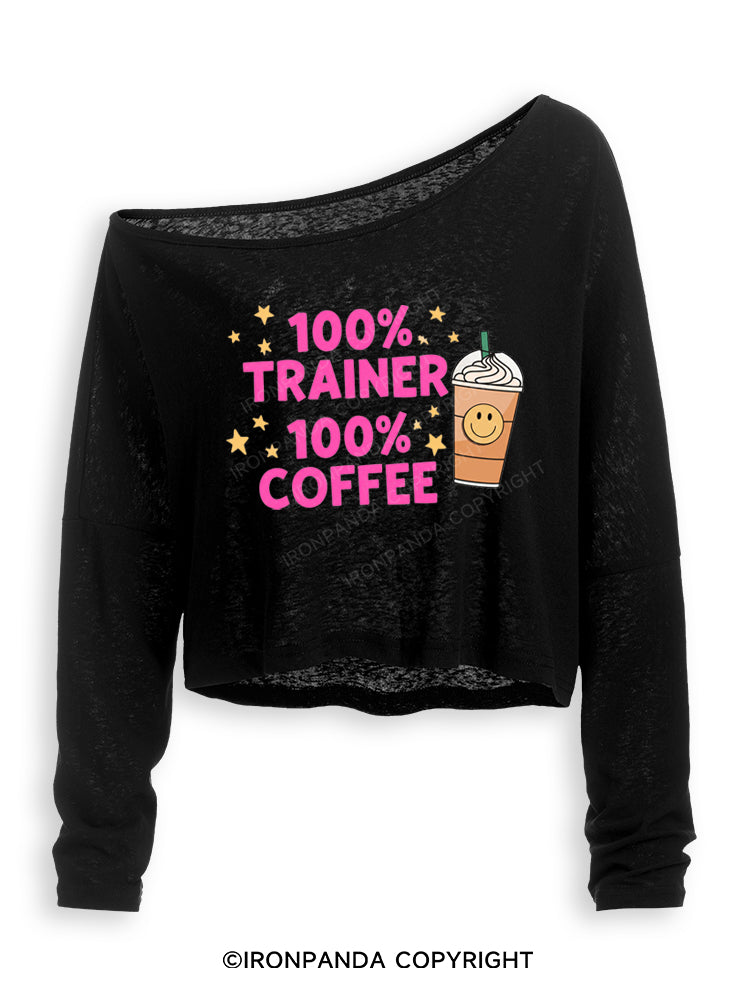100% TRAINER 100% COFFEE Off Shoulder Long Sleeve Crop Top