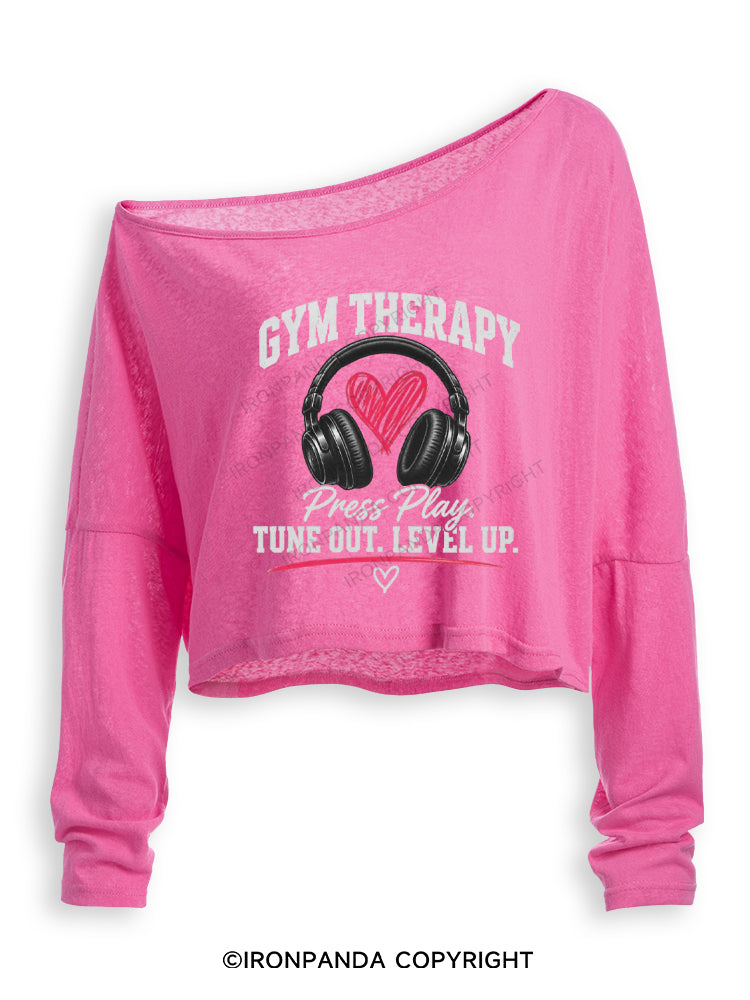 GYM THERAPY Press Play TUNE OUT LEVEL UP Off Shoulder Long Sleeve Crop Top