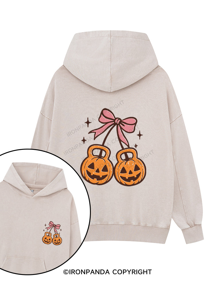 CHERRY PUMPKIN KETTLEBELL HALLOWEEN Printed Washed Gym Hoodie