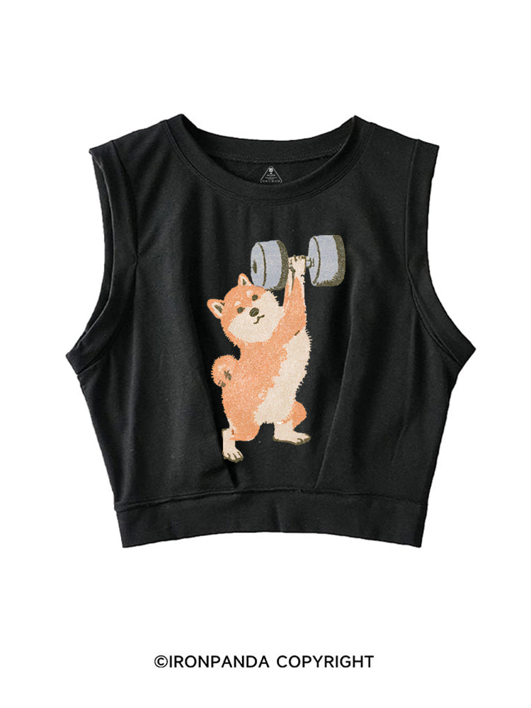 STRONG SHIBA INU LIFTING WEIGHTS SLEEVELESS CROP TOPS