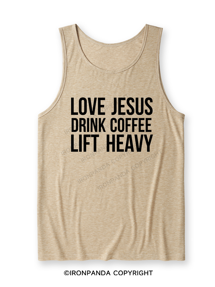 LOVE JESUS DRINK COFFEE LIFT HEAVY Ultra Soft Heather Tank