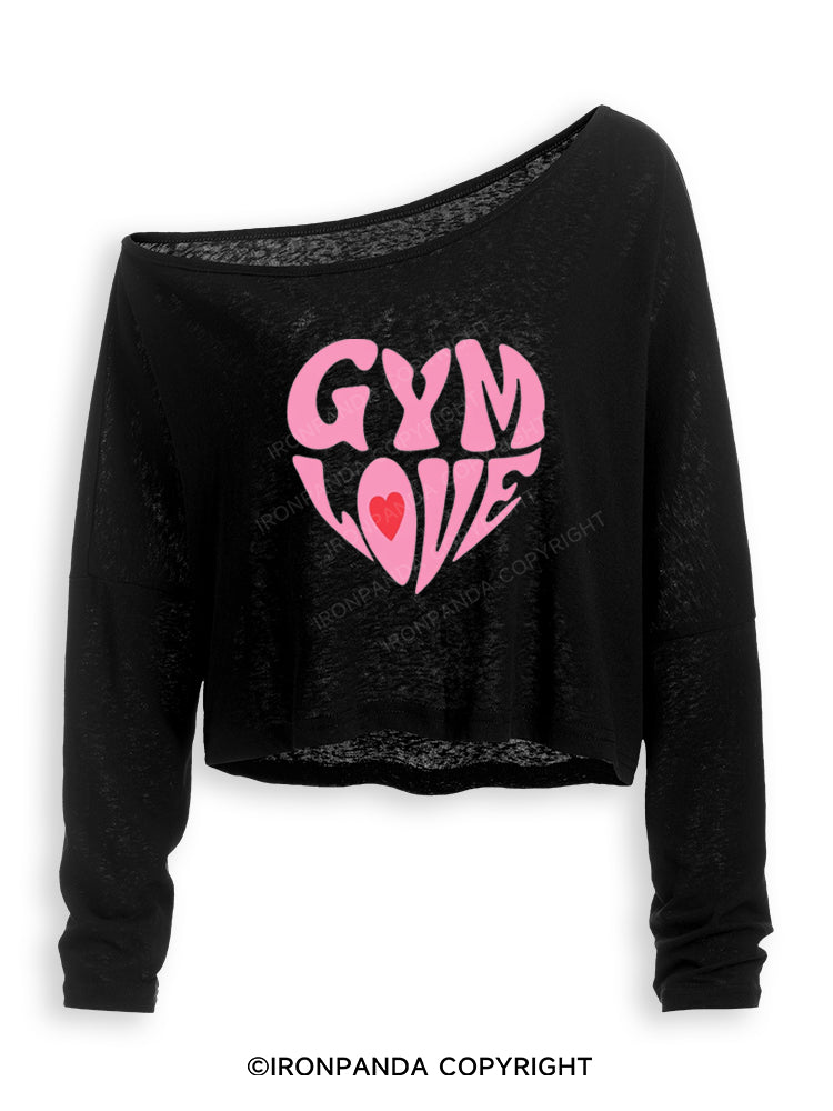 GYM LOVE STRONG PINK VIBES Off Shoulder Long Sleeve Crop Top