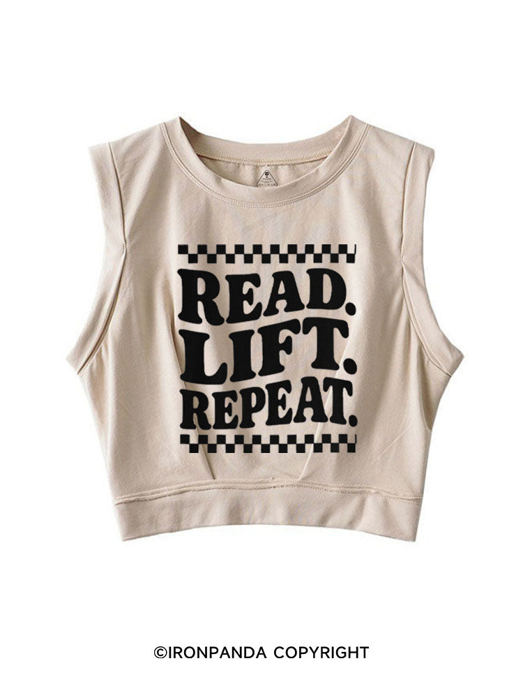 READ LIFT REPEAT BOOKISH GYM SLEEVELESS CROP TOPS