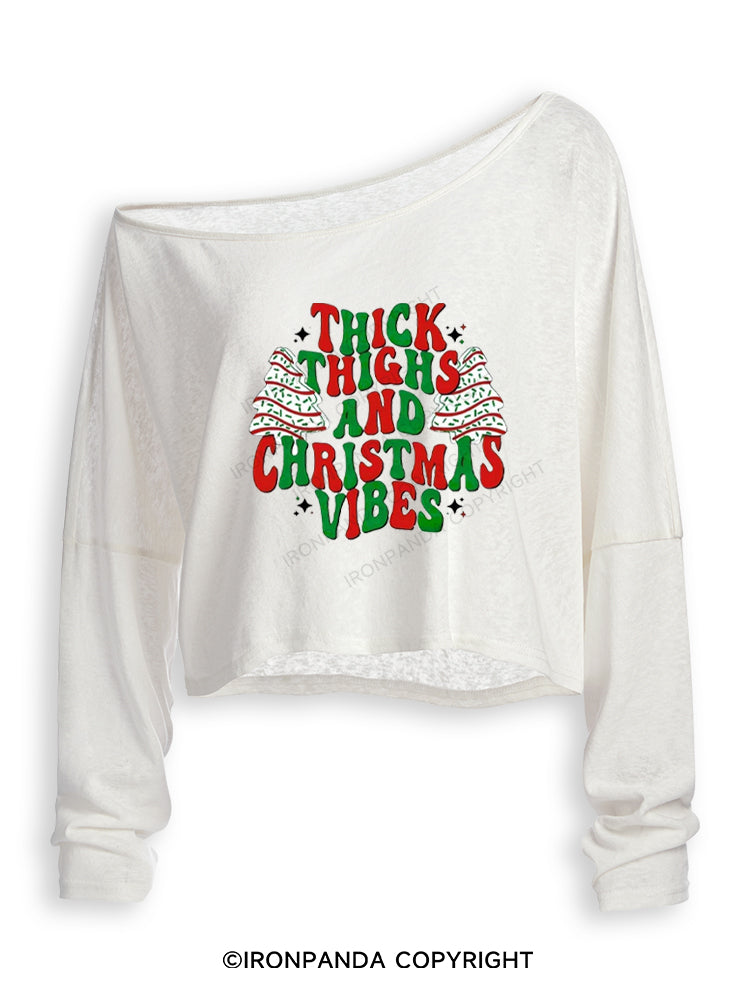 THICK THIGHS AND CHRISTMAS VIBES Off Shoulder Long Sleeve Crop Top