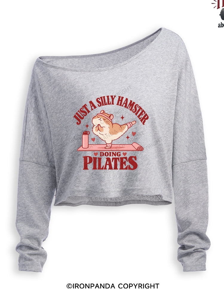 JUST A SILLY HAMSTER DOING PILATES Off Shoulder Long Sleeve Crop Top