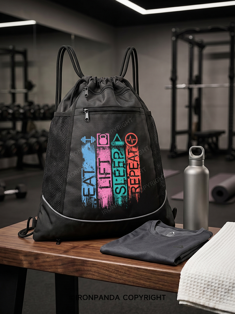 EAT,LIFT,SLEEP,REPEAT Gym Drawstring Bag