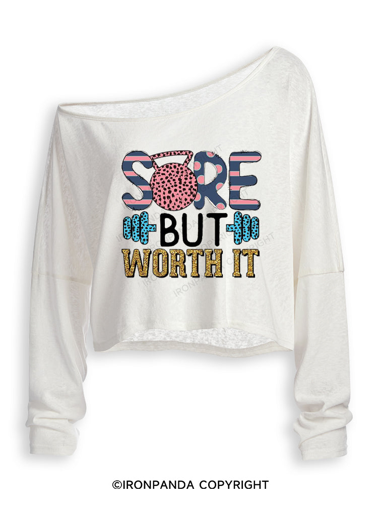 SORE BUT WORTH IT POSITIVE GYM Off Shoulder Long Sleeve Crop Top