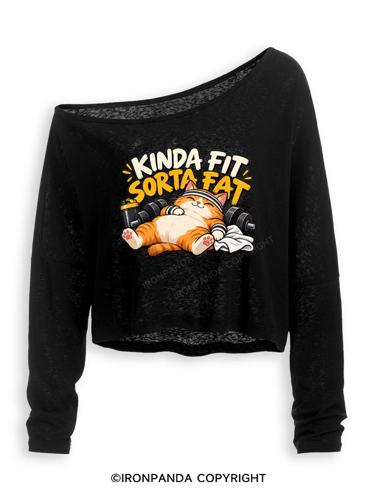 Kinda Fit Sorta Fat Cute Gym Cat Off Shoulder Long Sleeve Crop Top