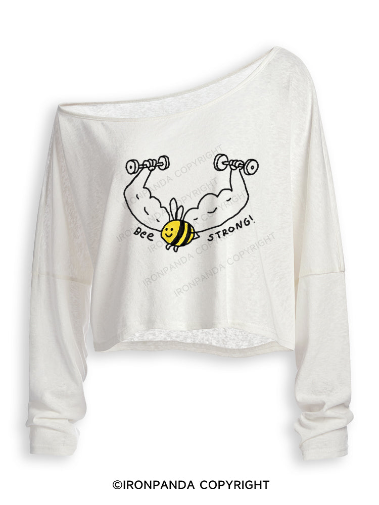 BEE STRONG! FUNNY GYM Off Shoulder Long Sleeve Crop Top