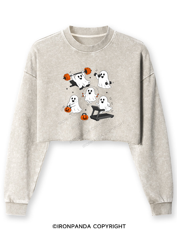 GHOST HALLOWEEN WORKOUT FITNESS Washed Long-Sleeve Crop Top