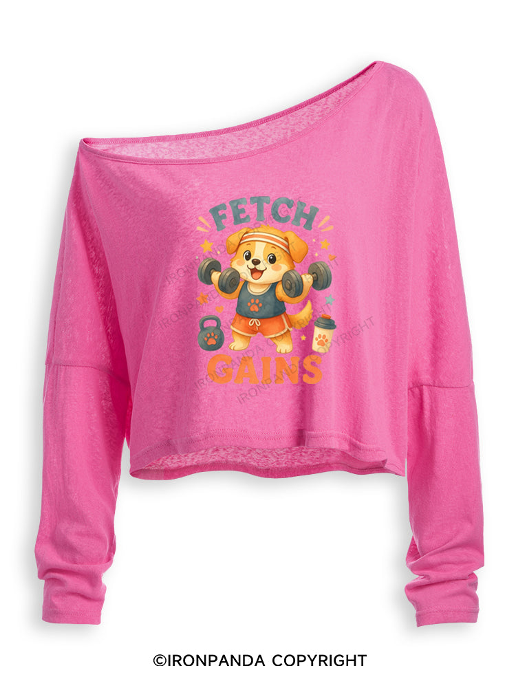 FETCH GAINS GYM DOG Off Shoulder Long Sleeve Crop Top