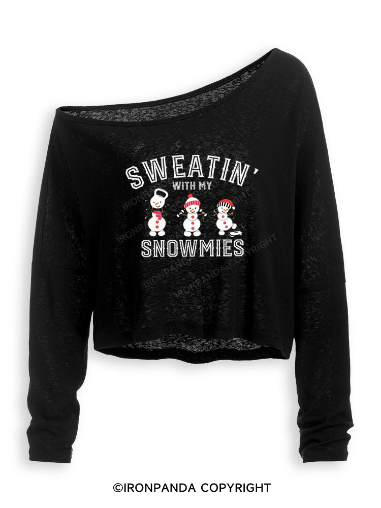 SWEATIN' WITH MY SNOWMIES Off Shoulder Long Sleeve Crop Top