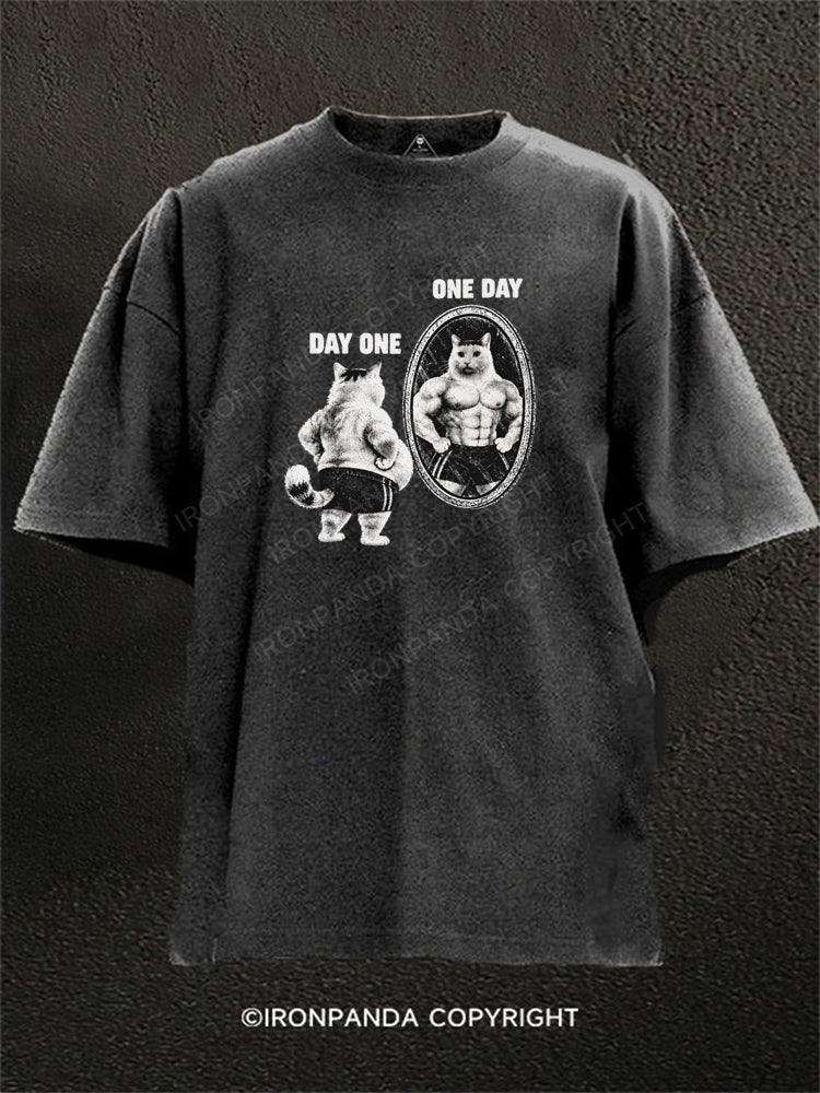 Day One to One Day Funny Cat Washed Gym Shirt