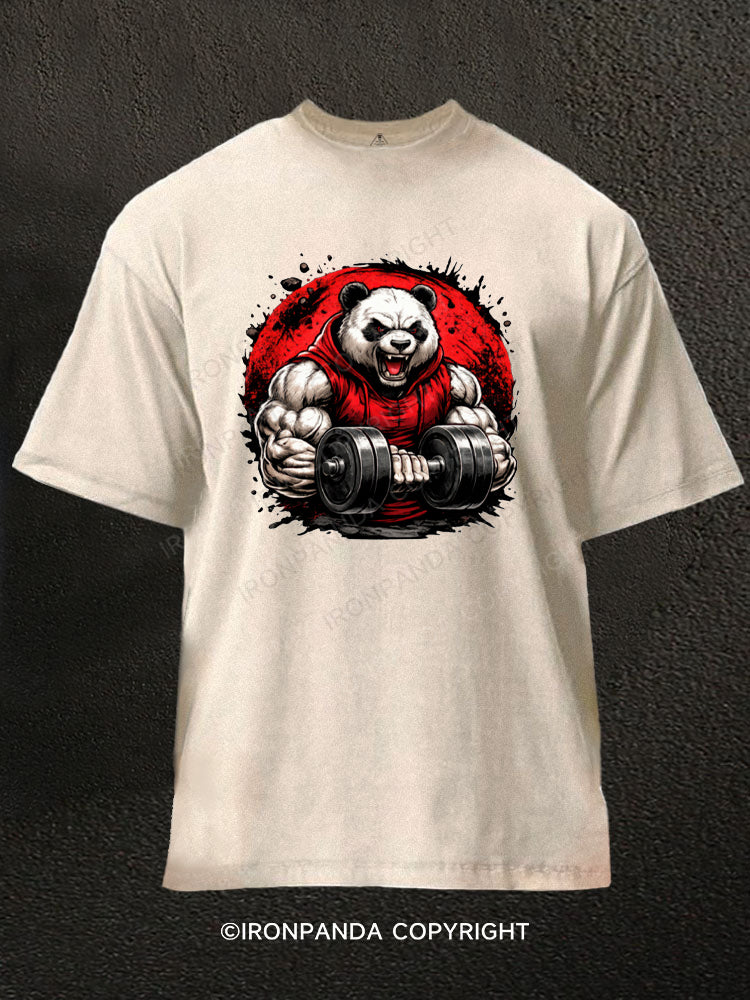 Buff Panda Lifting Weights Washed Gym Shirt