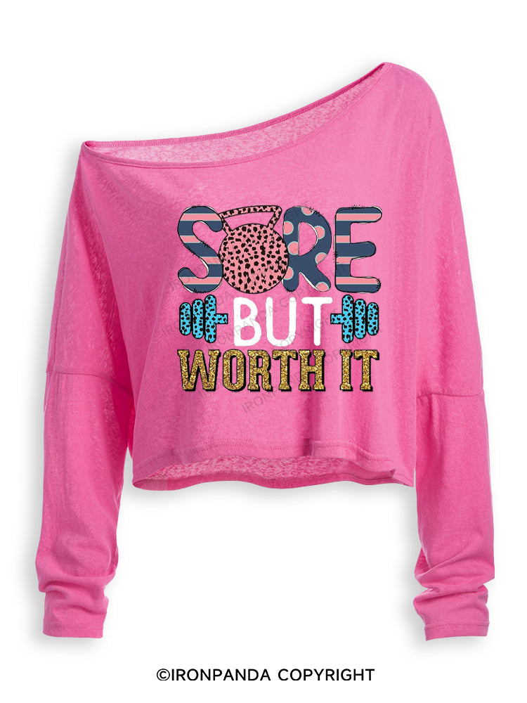 SORE BUT WORTH IT POSITIVE GYM Off Shoulder Long Sleeve Crop Top