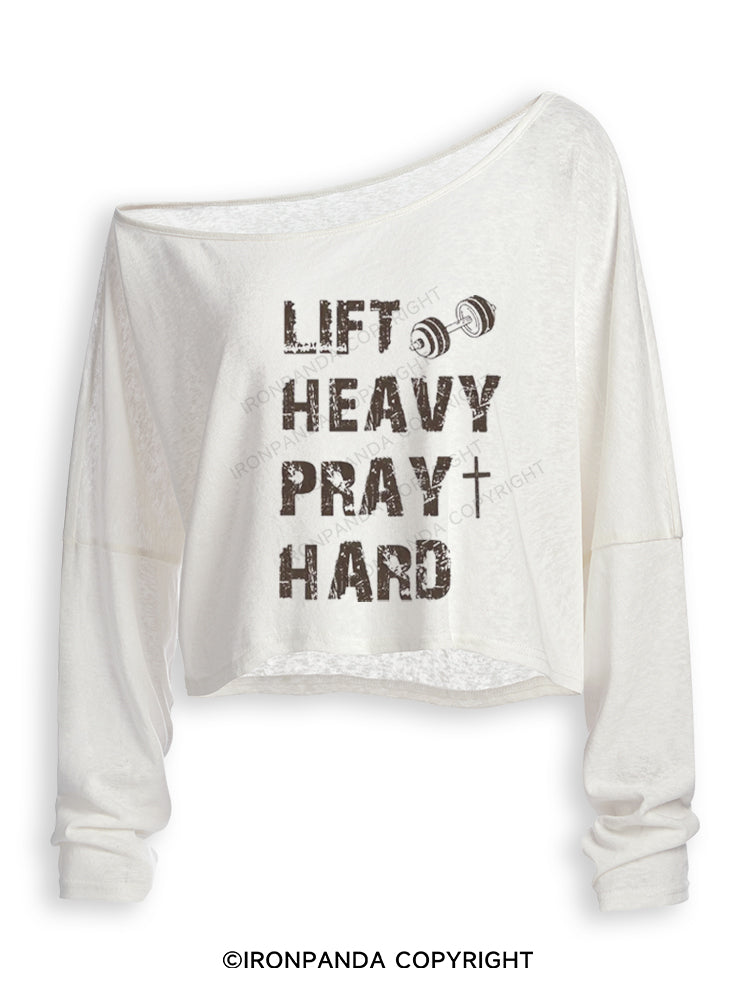 Lift Heavy Pray Hard Motivational Fitness Off Shoulder Long Sleeve Crop Top