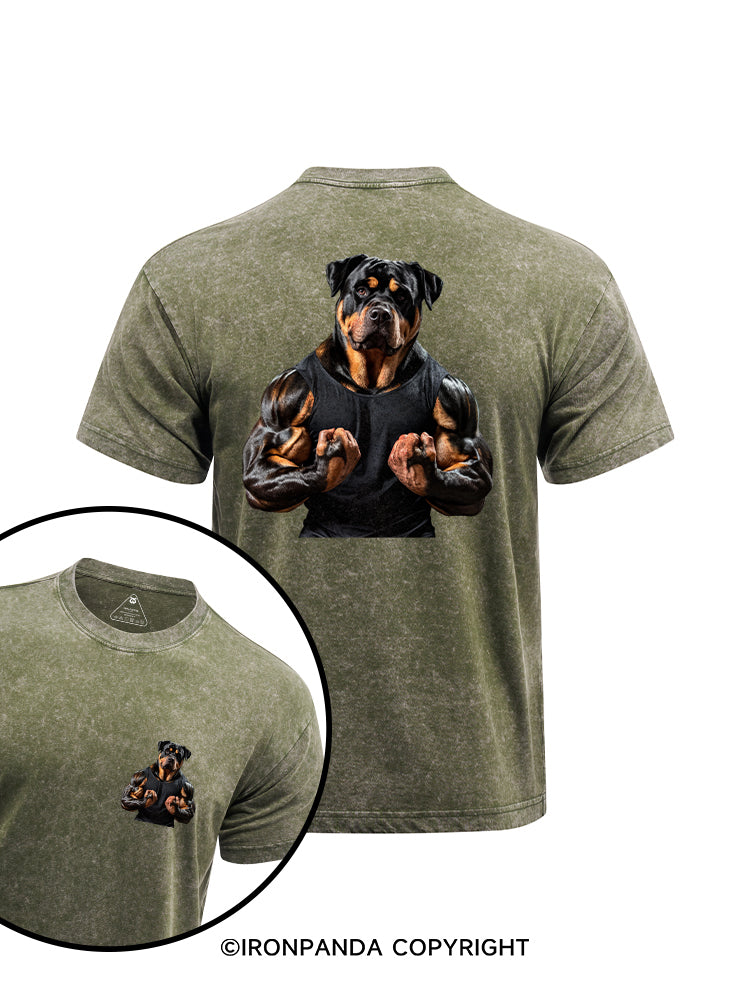 Muscular Rottweiler printed Washed Gym Shirt