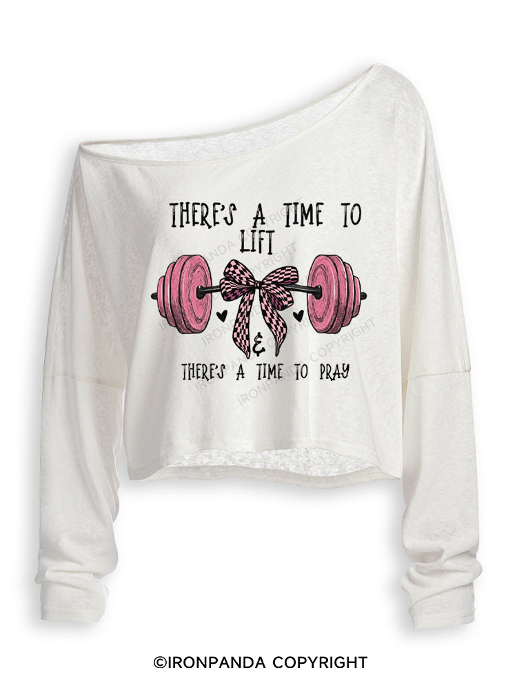 THERE'S A TIME TO LIFT & THERE'S A TIME TO PRAY Off Shoulder Long Sleeve Crop Top