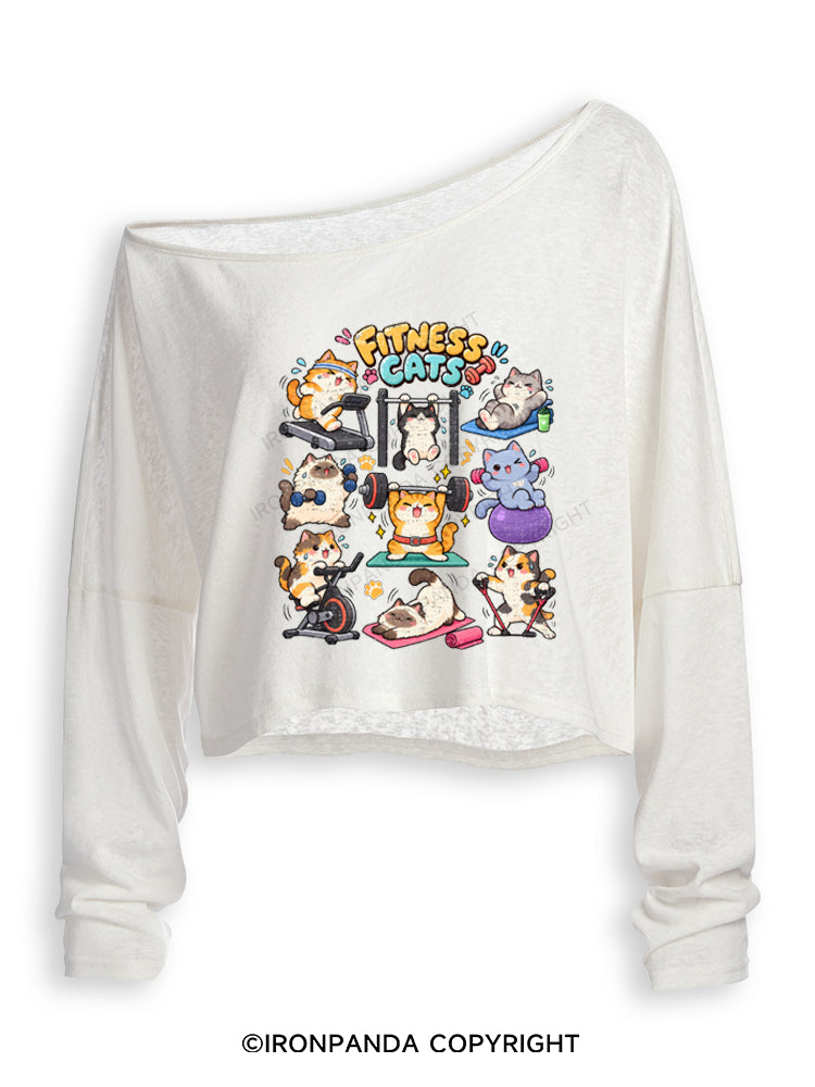 Fitness Cats Gym Workout Off Shoulder Long Sleeve Crop Top