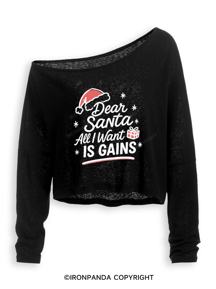DEAR SANTA ALL I WANT IS GAINS Off Shoulder Long Sleeve Crop Top
