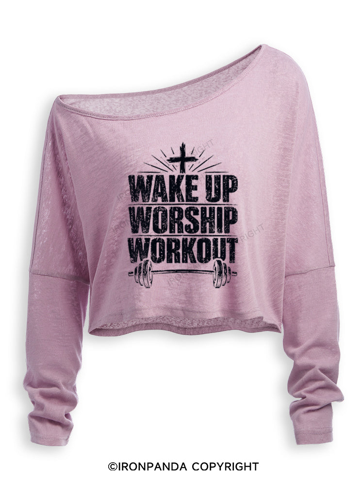 Wake Up Worship Workout Christian Workout Off Shoulder Long Sleeve Crop Top