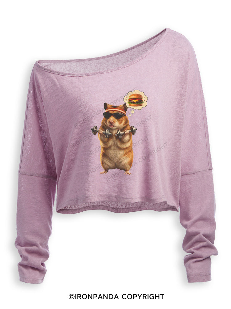Gym Hamburger Hamster Off Shoulder Long Sleeve Crop Top