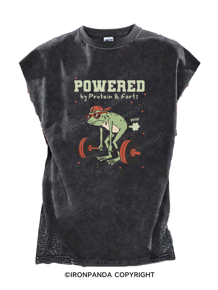 Funny Gym Frog Powered by Protein and Farts Cut Off Tank