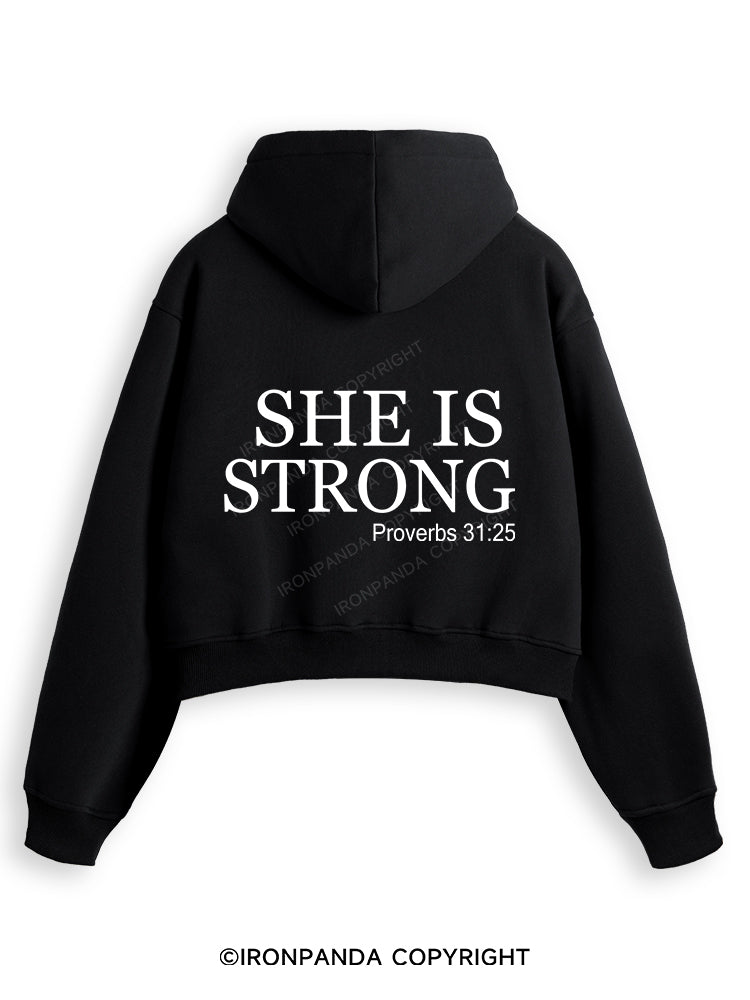 SHE IS STRONG Fleece Crop Zip Up Hoodie