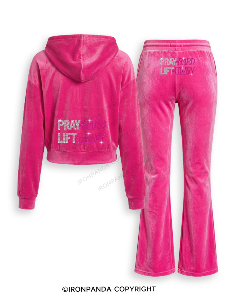 PRAY HARD # LIFT HEAVY GYM Rhinestone Velvet Tracksuit Set