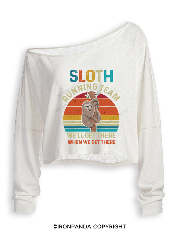 SLOTH RUNNING TEAM Off Shoulder Long Sleeve Crop Top