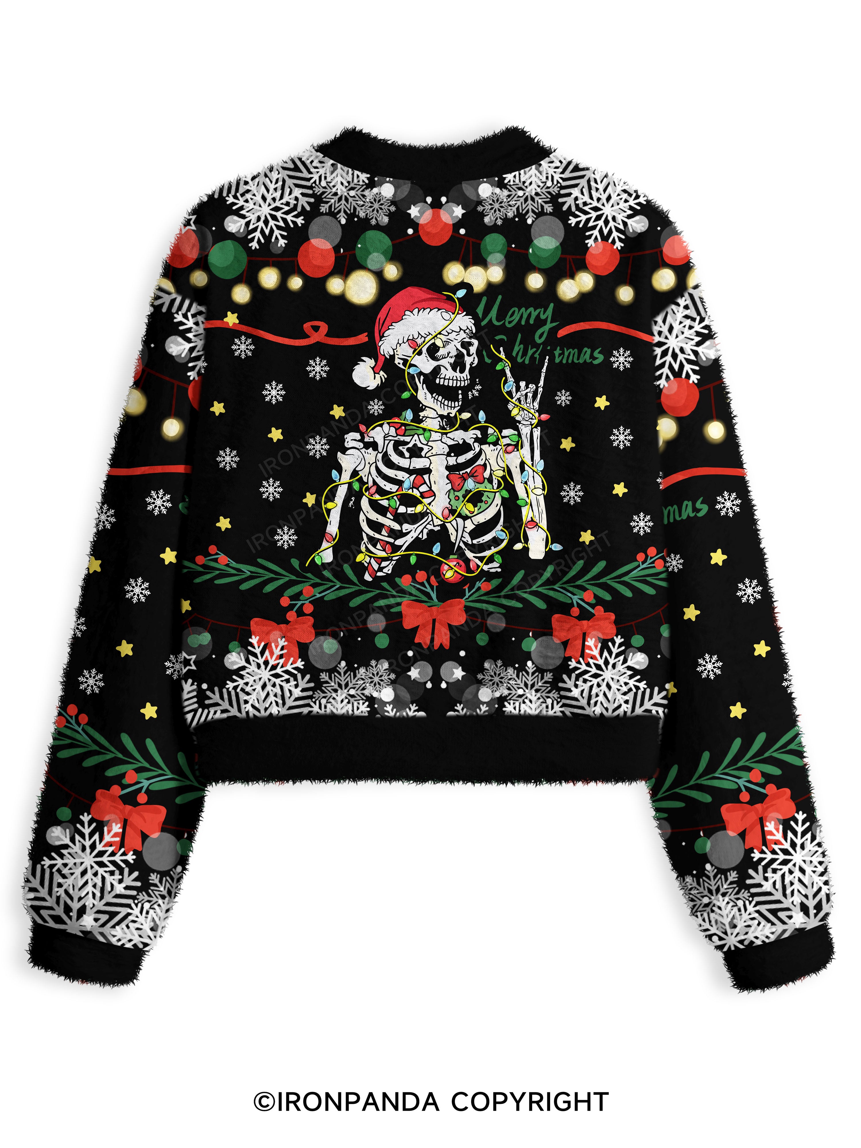 SKELETON WITH CHRISTMAS LIGHTS Fuzzy Fleece Crop Sweater