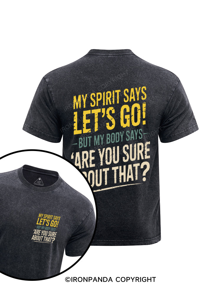 My Spirit Says Lets Go But My Body Says Are You Sure Printed Washed Gym Shirt