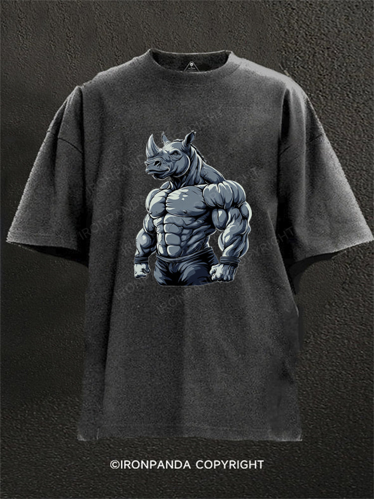 Muscular Rhino Bodybuilder Washed Gym Shirt