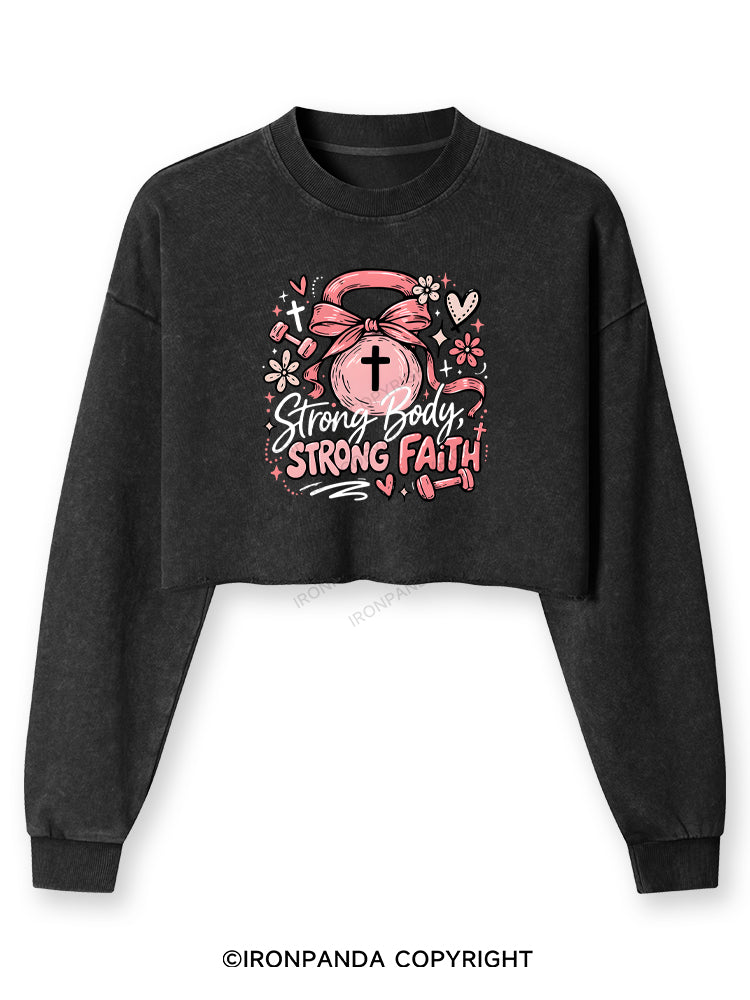 STRONG BODY, STRONG FAITH JESUS Washed Long-Sleeve Crop Top