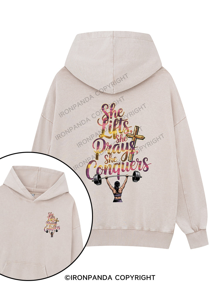 She lifts, She prays, She conquers Printed Washed Gym Hoodie