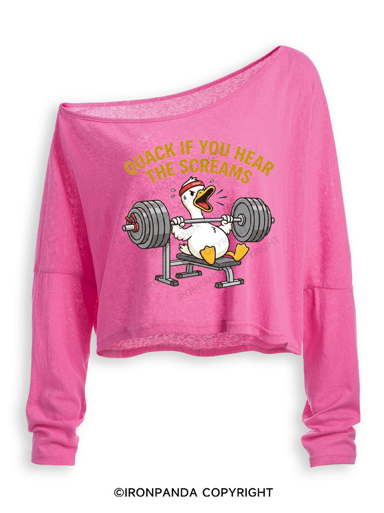 QUACK IF YOU HEAR THE SCREAMS Off Shoulder Long Sleeve Crop Top