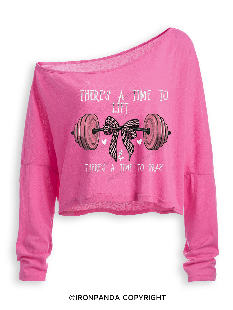 THERE'S A TIME TO LIFT & THERE'S A TIME TO PRAY Off Shoulder Long Sleeve Crop Top