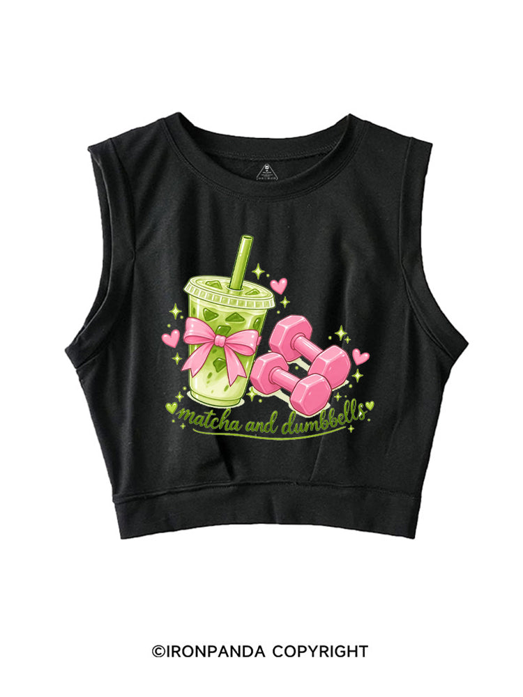 MATCHA AND DUMBBELL MATCHA LOVER SLEEVELESS CROP TOPS