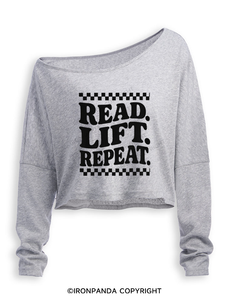 READ LIFT REPEAT BOOKISH GYM Off Shoulder Long Sleeve Crop Top